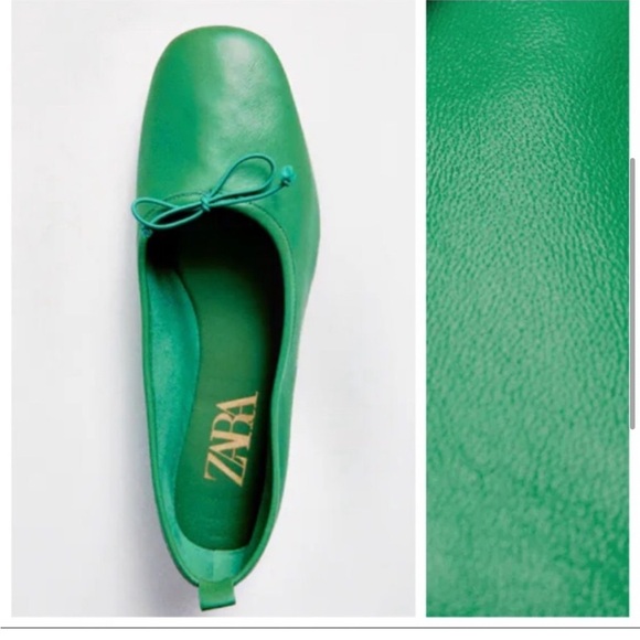 ZARA Bright Green Colorful Ballet Flats Leather Bow Soft Shoes Square Toe Sz 7.5 - Picture 2 of 16